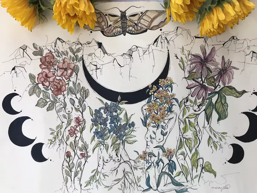 An ink and watercolor piece from artist Marcy Ellis' series Sonoran Sisters