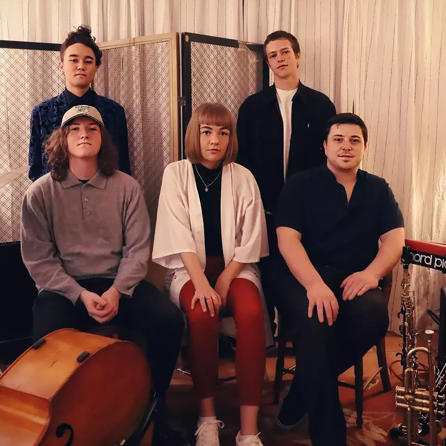 From top left: Kenji Ono (drums), Colin McIlrath (bass), Autumn Dominguez (saxophone), Jonathan Hines (piano), Max Goldschmid (trumpet)