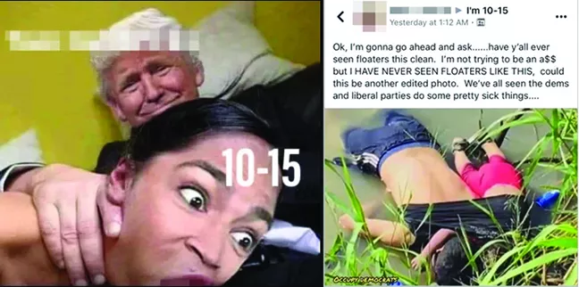 Postings on a private Facebook group of Border Patrol agents show memes that include President Donald Trump forcing Congresswoman Alexandria Ocasio-Cortez’s head into his crotch, as well as suggestions that a recent photo of a man and his 23-month-old daughter found dead in the Rio Grande was staged by liberals.