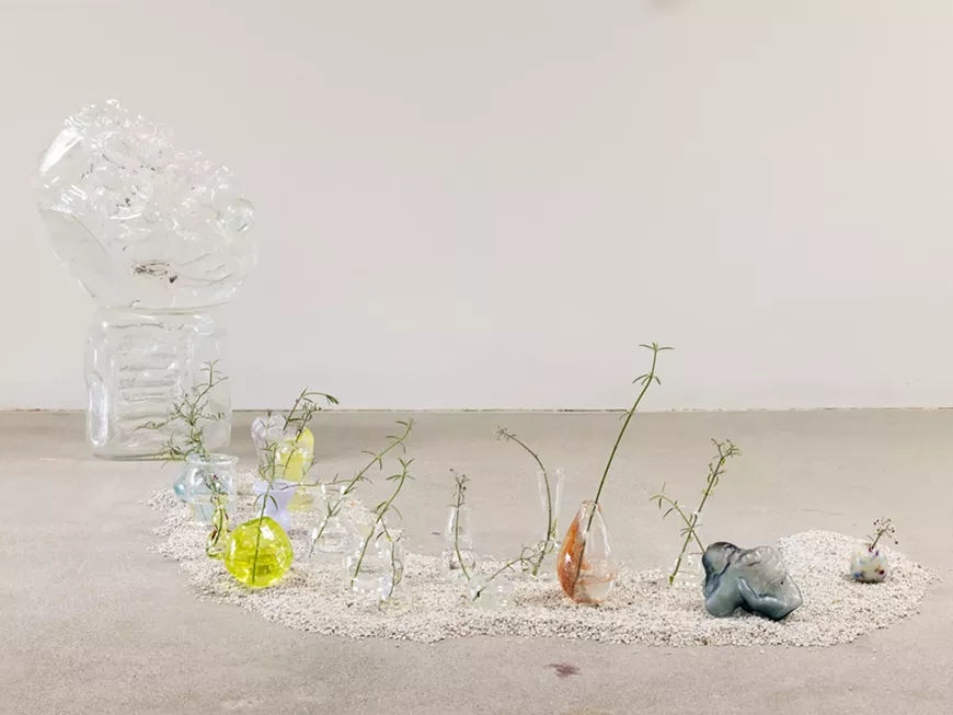 Sara Hubbs, Tending the Garden, 2021 Mold-blown and hand-blown glass, aquarium rocks, sprigs of Baja Spurge