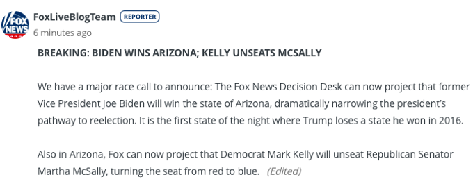 Fox News Calls Arizona for Biden, Kelly